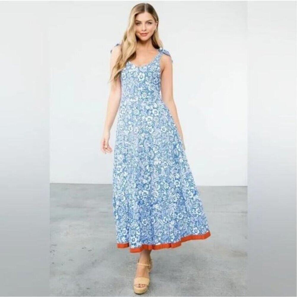 THML Vanna Maxi Dress Blue & Cream Women's Size Small